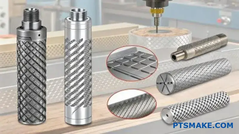 Metal cylindrical components displaying different knurling textures and grip enhancement patterns for various manufacturing applications