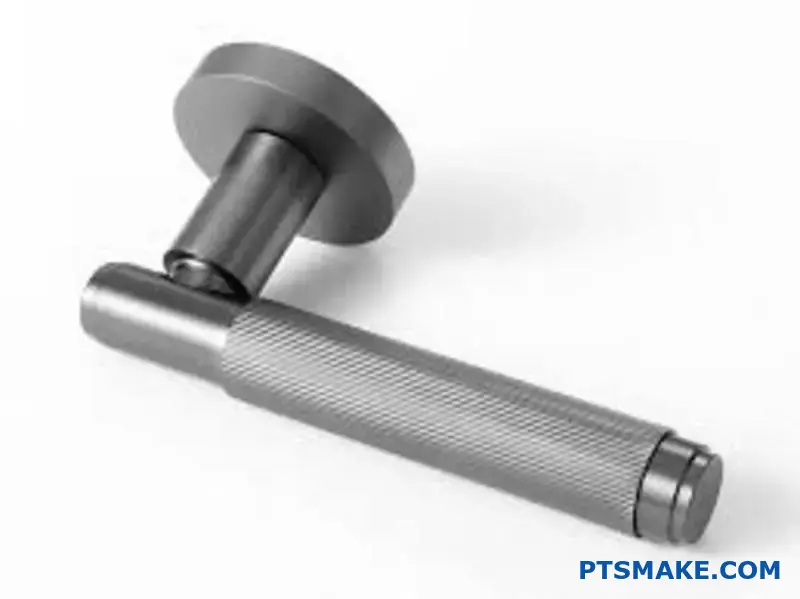 Custom metal handle featuring combined knurling textures with straight and diagonal grip patterns on workshop surface