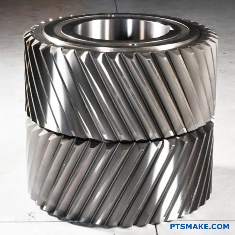 Due ingranaggi elicoidali che mostrano diversi orientamenti delle lancette per dimostrare i vantaggi degli ingranaggi nei sistemi di trasmissione meccanica