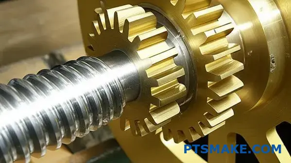 Oceľový šnekový prevod účinne zapadajúci do bronzového kolesa, ktorý ukazuje optimálne párovanie prevodov pre zníženie trenia