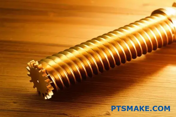 Podrobný bronzový šnekový prevod so šikmým závitom, ktorý demonštruje vzťah účinnosti prevodového pomeru v mechanických prevodových systémoch