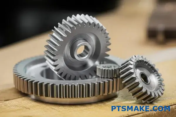 Close-up of precision metal gear wheels showing detailed tooth spacing and geometry on workshop table