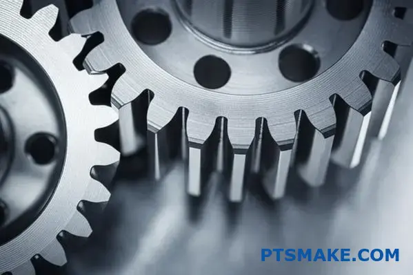 Close-up of precision gear teeth showing involute profile and surface details on workbench