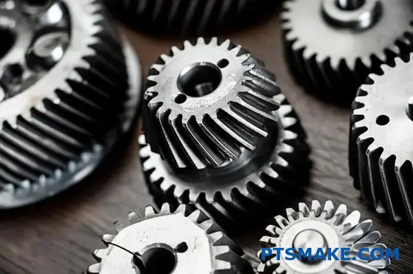 Metal gears displaying various failure modes including broken teeth and surface pitting damage on workshop table