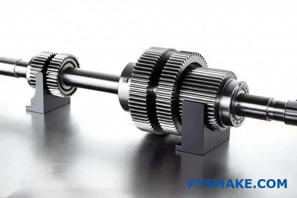 Engineering gear shaft system with bearings showing mechanical force analysis components on workbench