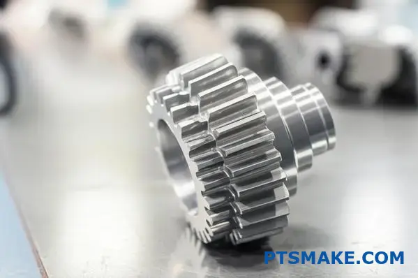 High-quality machined gear with precise teeth ready for assembly in industrial workshop setting
