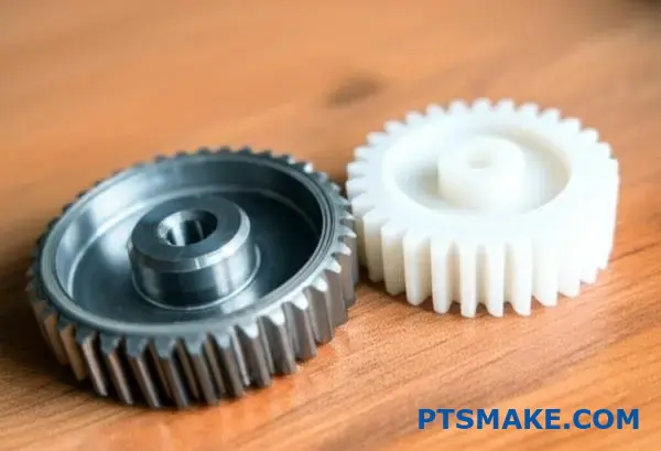 Two different precision gears displaying steel and plastic gear options for mechanical engineering applications