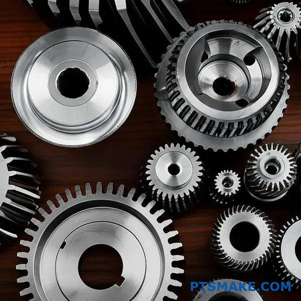 Various custom machined gears with different tooth patterns and sizes displayed on workbench showcasing gear manufacturing capabilities
