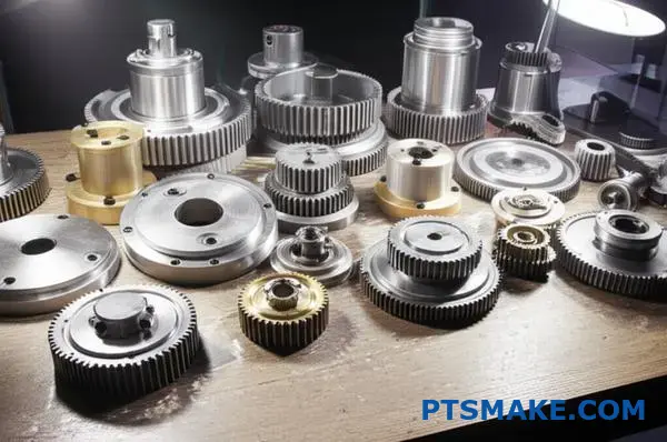 Various mechanical gears and transmission parts displayed on workbench showcasing different gear types and materials