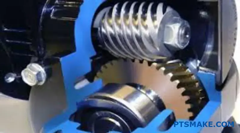 Podrobný bronzový šnekový prevod so špirálovým vzorom závitov a ozubeným kolesom demonštrujúcim princíp účinnosti samosvornosti