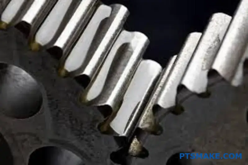 Close-up view of two precision gears with detailed teeth profiles meshing on workbench surface
