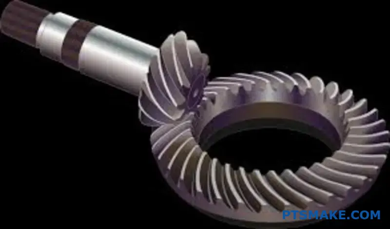 Two precision machined gears with involute tooth profiles meshing together showing smooth power transmission mechanism