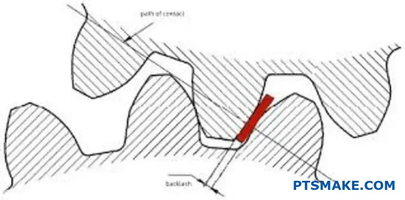 Close-up view of two meshing gears showing backlash clearance between gear teeth on workbench