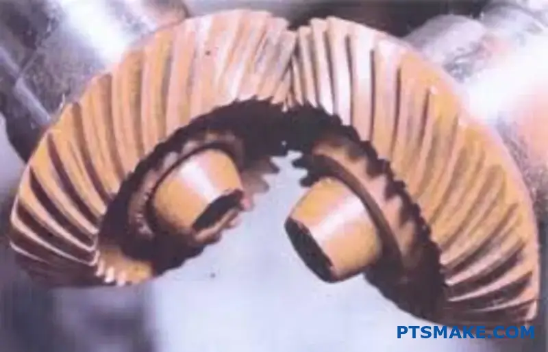 Close-up view of two metal gears meshing showing tooth contact and gear engagement mechanics