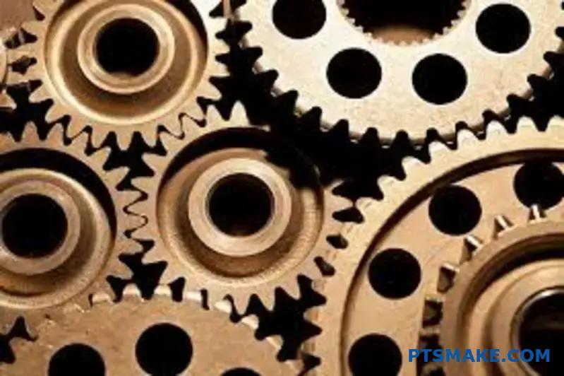 Two precision metal gears with detailed tooth engagement showing mechanical power transmission through gear mesh contact