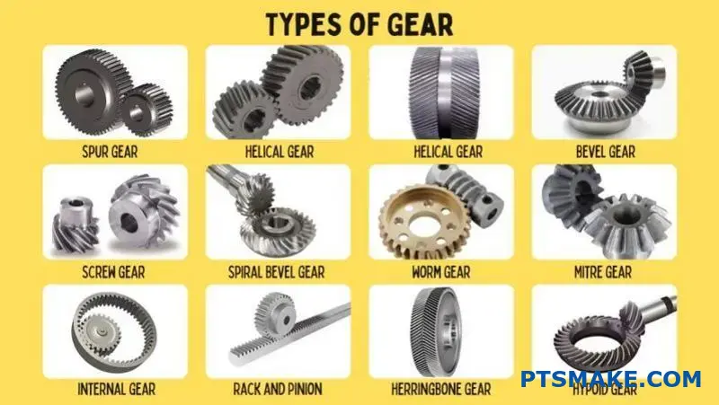 Various gear types including spur gears, helical gears, and bevel gears displayed on workshop table