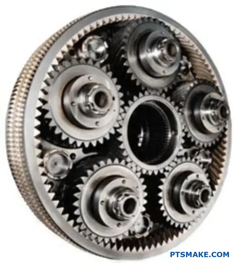 Precision planetary gear assembly showing central sun gear and surrounding planet gears on workshop table