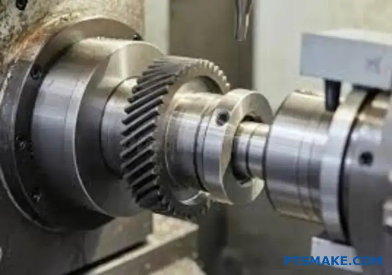 High-precision machined gear showing detailed tooth geometry and manufacturing tolerances on workshop table