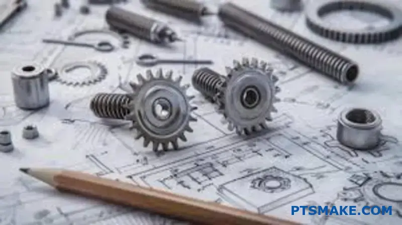 Various sized precision metal gears with detailed teeth patterns arranged on wooden workspace for engineering design calculations