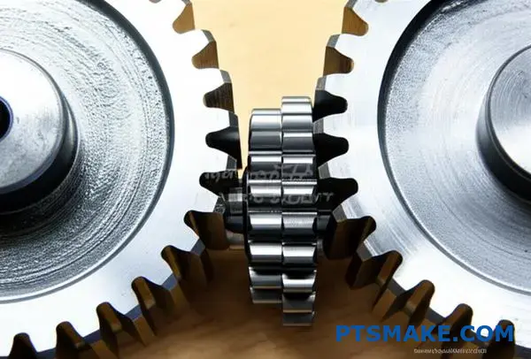 مجموعة التروس الميكانيكية التي تُظهر ترس التباطؤ الموضوع بين تروس المحرك على طاولة الورشة