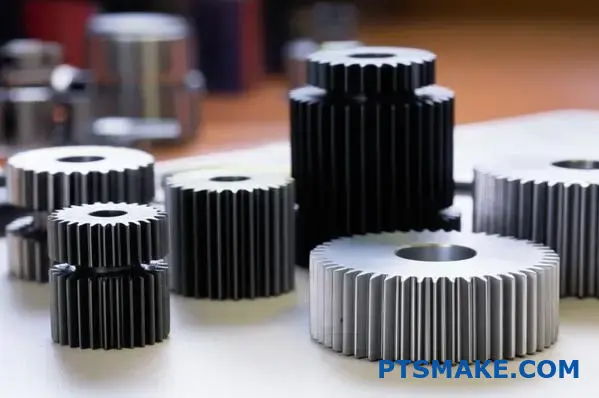 تروس تباطؤ معدنية معدنية عالية الدقة ومكونات ناقل الحركة معروضة على طاولة العمل الهندسية تظهر تفاصيل أسنان التروس وجودة التصنيع