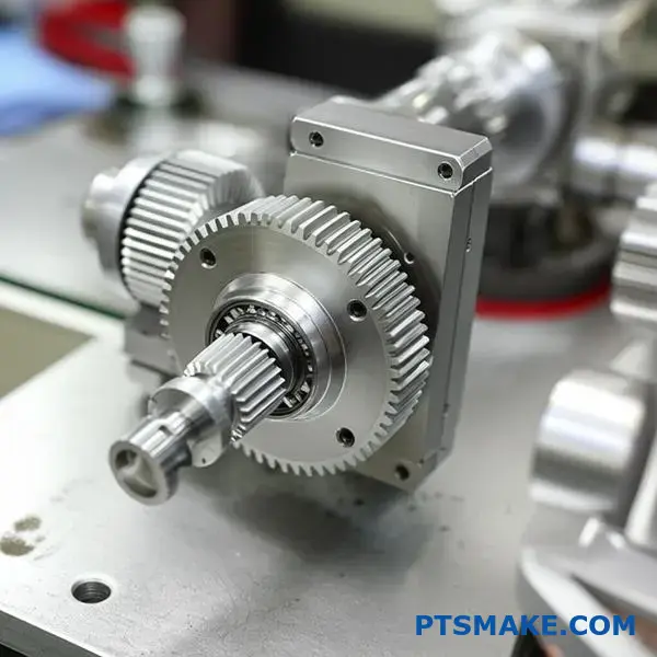 صورة مقربة لآليات التروس الروبوتية الدقيقة تُظهر مكونات التروس الخاملة وأنظمة القيادة على طاولة العمل