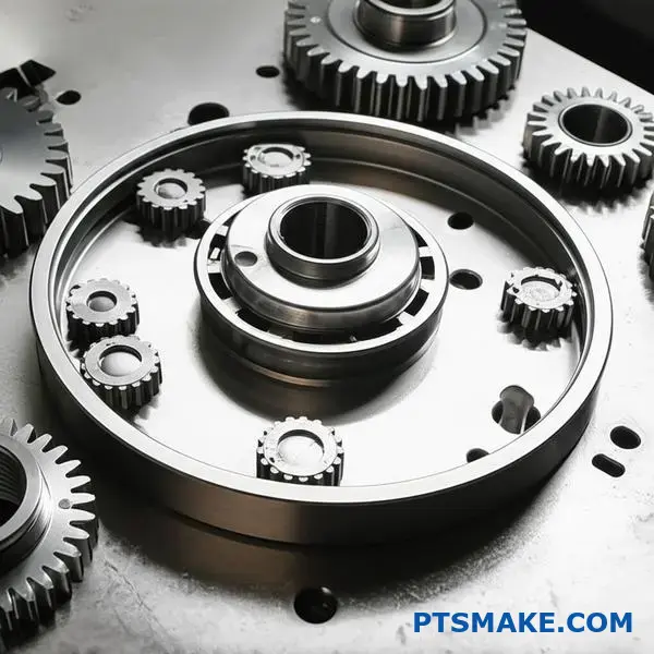 تجميع تروس كوكبية معقدة مع تروس تباطؤ متعددة وترس مركزي شمسي معروض على طاولة العمل الهندسية