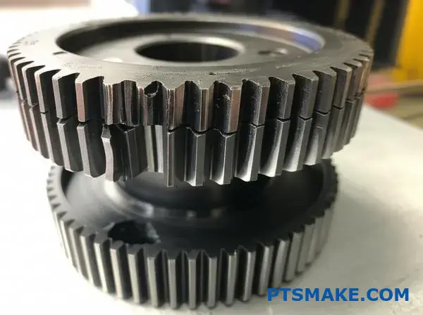 ترس توقيت مكسور يُظهر نقاط كسر متعددة من فشل المحرك الكارثي في تطبيق السباق