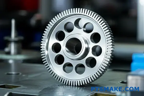 منظر تفصيلي لعجلة تروس دقيقة التشكيل تظهر نمط الأسنان المعقدة لأنظمة النقل الميكانيكية