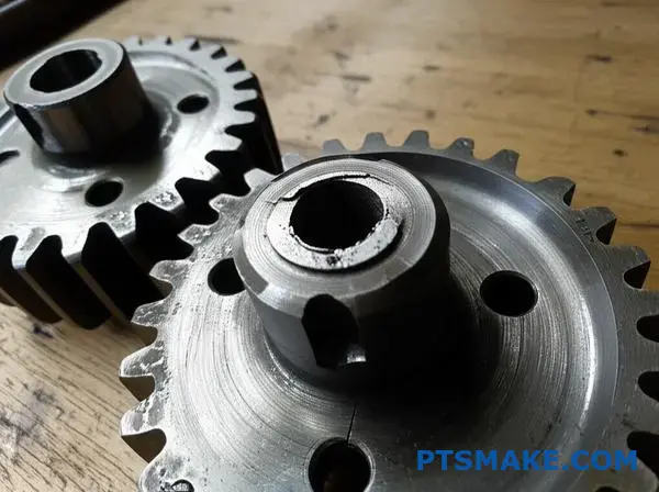 Grande plano de uma engrenagem metálica mostrando fissuras na raiz do dente e danos superficiais por fadiga