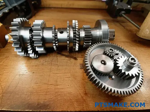 Comparação de configurações de comboios de engrenagens simples compostas e planetárias mostrando diferentes disposições e mecanismos de engrenagens
