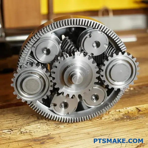 Vista pormenorizada do mecanismo de engrenagens planetárias mostrando a engrenagem solar, as engrenagens planetárias e o conjunto da engrenagem anelar