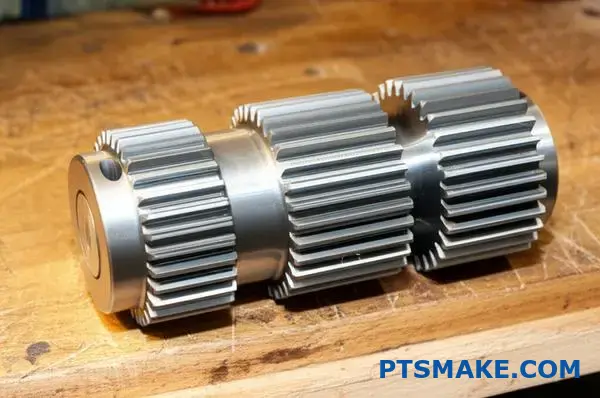 Três engrenagens de acionamento com diferentes larguras de face apresentadas numa bancada de trabalho, mostrando a comparação da variação da largura para aplicações de engenharia mecânica
