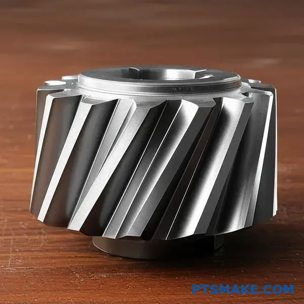 Grande plano de uma engrenagem helicoidal metálica mostrando o perfil angular do dente para aplicações de redução de ruído