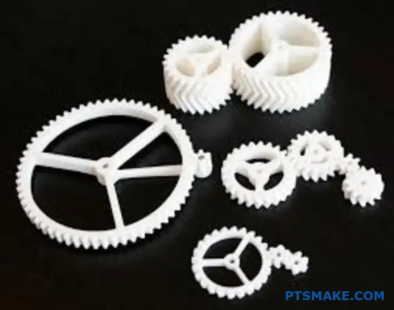 ترس تباطؤ متقدم مطبوع ثلاثي الأبعاد يُظهر بنية شبكية داخلية معقدة وتصميم هندسي محسّن على السطح الصناعي