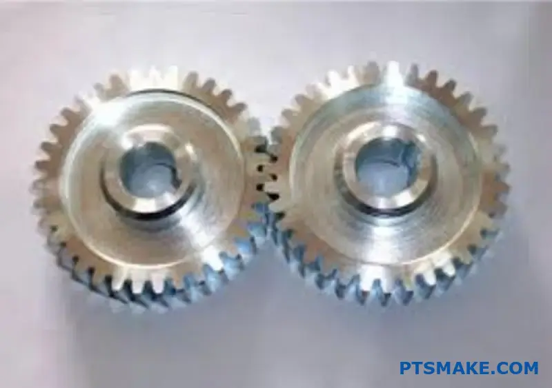 Duas engrenagens metálicas interligadas mostrando a folga e o espaço entre os dentes de engate na bancada de trabalho