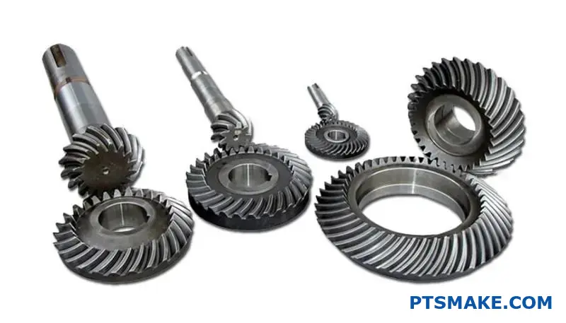Engrenagens cónicas e sem-fim de precisão expostas numa bancada de trabalho, mostrando diferentes padrões de dentes e aplicações mecânicas