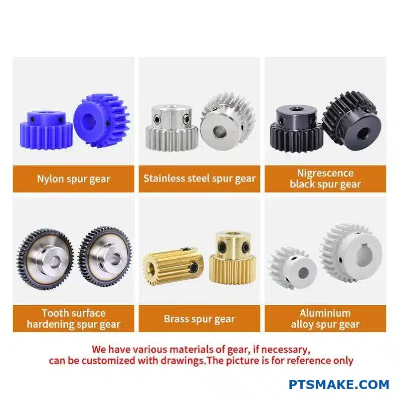 Quatro engrenagens de vários materiais, incluindo aço, bronze e polímero, expostas numa mesa de oficina