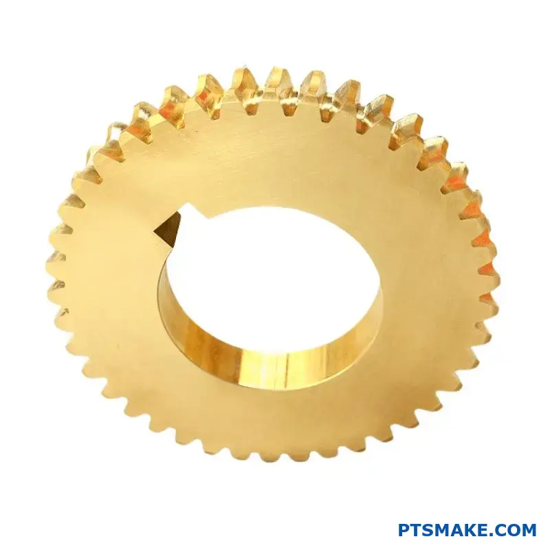 Vista em grande plano de uma engrenagem de precisão em aço, mostrando a estrutura detalhada dos dentes e o acabamento suave da superfície maquinada