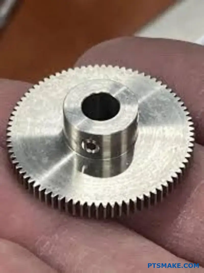 Vista em grande plano de uma engrenagem de transmissão em aço maquinado mostrando a geometria precisa dos dentes e a qualidade de fabrico profissional