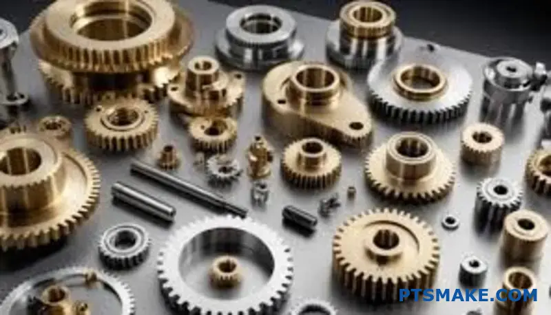 Várias engrenagens de precisão e componentes mecânicos dispostos sobre uma secretária com especificações normalizadas
