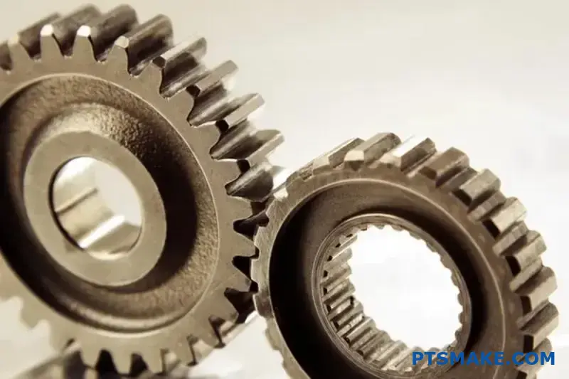 Duas engrenagens metálicas de precisão engrenadas numa bancada de trabalho, mostrando um sistema de transmissão de energia mecânica