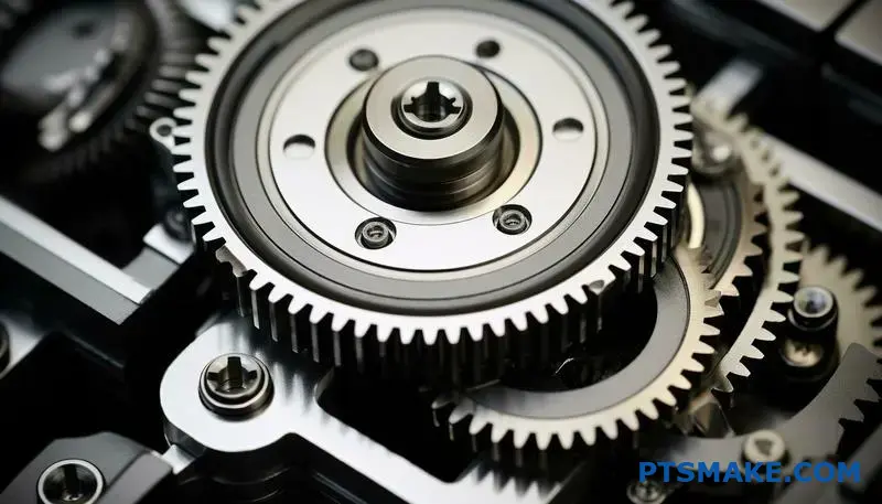 Vista em grande plano de duas engrenagens de precisão com dentes interligados, mostrando o encaixe correto da malha de engrenagens na superfície da oficina