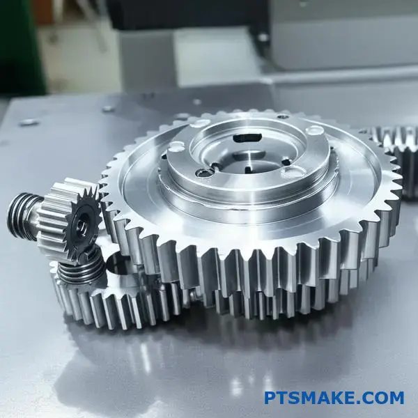 Metallic gear mechanism showing driven gear engagement and torque speed transmission on industrial surface