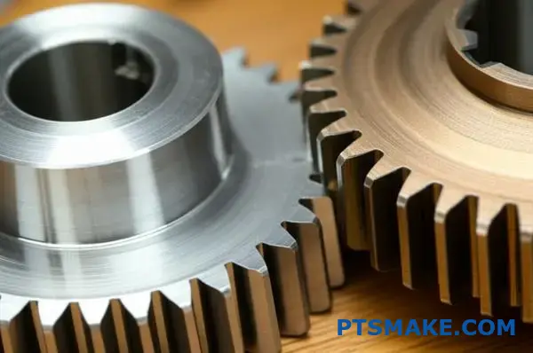 Close-up view of two precision metal gears with detailed teeth profiles showing proper meshing and clearance spacing