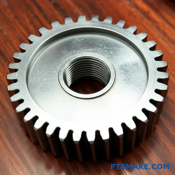 High-quality driven gear displaying precise tooth geometry and machined metal surfaces on workbench