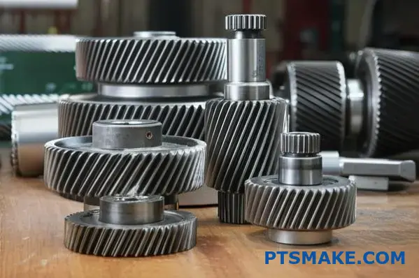 Collection of various gear types including transmission gears and drive components displayed on workshop table