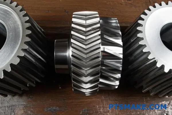 Spur helical and double helical gears showing different tooth patterns and mechanical drive gear designs