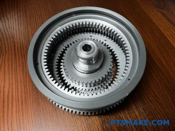 Complete planetary gear mechanism showing sun gear, planet gears, and ring gear arrangement with precise tooth engagement