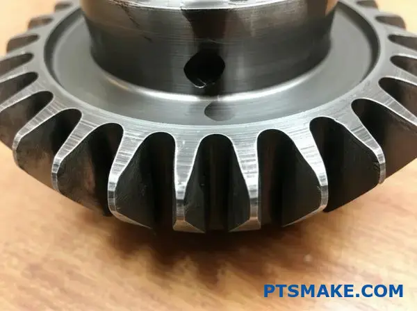 Detailed view of a driven gear showing various failure modes including tooth wear and surface damage patterns